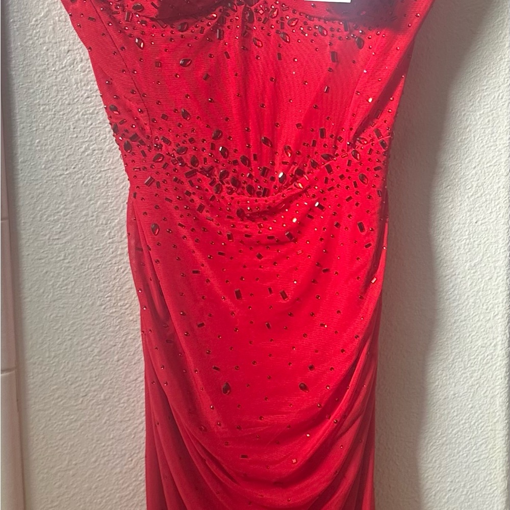 Red Ruched Mermaid Prom Gown - Picture 3 of 3